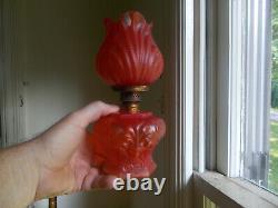 Antique Red Satin Glass 6 Sided Oil Lamp With Matching Red Satin Tulip Shade