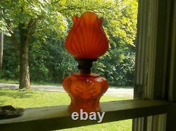 Antique Red Satin Glass 6 Sided Oil Lamp With Matching Red Satin Tulip Shade