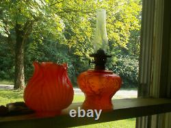 Antique Red Satin Glass 6 Sided Oil Lamp With Matching Red Satin Tulip Shade