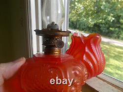 Antique Red Satin Glass 6 Sided Oil Lamp With Matching Red Satin Tulip Shade