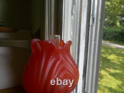 Antique Red Satin Glass 6 Sided Oil Lamp With Matching Red Satin Tulip Shade