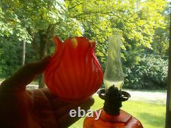 Antique Red Satin Glass 6 Sided Oil Lamp With Matching Red Satin Tulip Shade