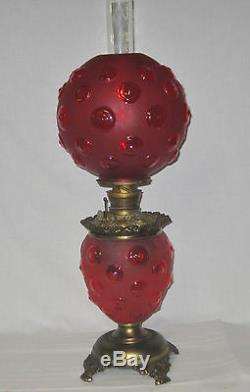 Antique Red Satin Glass Banquet Oil Lamp (bullseye Pattern)