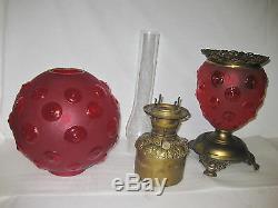 Antique Red Satin Glass Banquet Oil Lamp (bullseye Pattern)