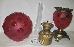 Antique Red Satin Glass Banquet Oil Lamp (bullseye Pattern)
