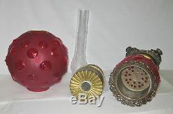 Antique Red Satin Glass Banquet Oil Lamp (bullseye Pattern)