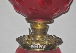 Antique Red Satin Glass Banquet Oil Lamp (bullseye Pattern)