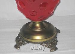 Antique Red Satin Glass Banquet Oil Lamp (bullseye Pattern)