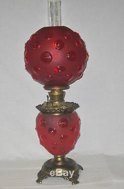 Antique Red Satin Glass Banquet Oil Lamp (bullseye Pattern)