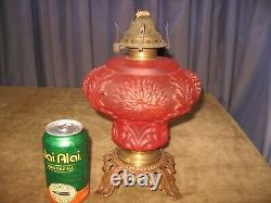 Antique Red Satin Glass Oil Lamp Base Chrysanthemum Pattern PITTSBURG