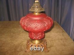 Antique Red Satin Glass Oil Lamp Base Chrysanthemum Pattern PITTSBURG