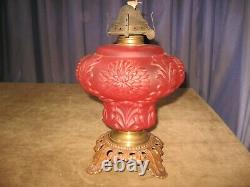 Antique Red Satin Glass Oil Lamp Base Chrysanthemum Pattern PITTSBURG