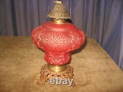 Antique Red Satin Glass Oil Lamp Base Chrysanthemum Pattern PITTSBURG