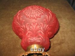 Antique Red Satin Glass Oil Lamp Base Chrysanthemum Pattern PITTSBURG