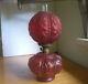 Antique Red Satin Glass Oil Lamp With Matching Pattern Red Globe Burner Etc
