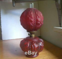 Antique Red Satin Glass Oil Lamp With Matching Pattern Red Globe Burner Etc