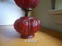 Antique Red Satin Glass Oil Lamp With Matching Pattern Red Globe Burner Etc