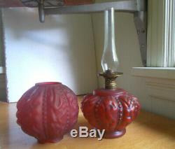 Antique Red Satin Glass Oil Lamp With Matching Pattern Red Globe Burner Etc