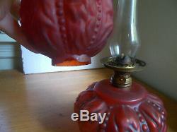 Antique Red Satin Glass Oil Lamp With Matching Pattern Red Globe Burner Etc