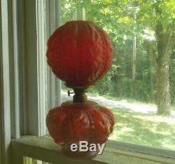 Antique Red Satin Glass Oil Lamp With Matching Pattern Red Globe Burner Etc