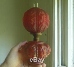 Antique Red Satin Glass Oil Lamp With Matching Pattern Red Globe Burner Etc