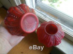 Antique Red Satin Glass Oil Lamp With Matching Pattern Red Globe Burner Etc