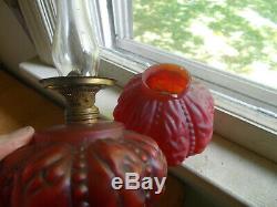 Antique Red Satin Glass Oil Lamp With Matching Pattern Red Globe Burner Etc