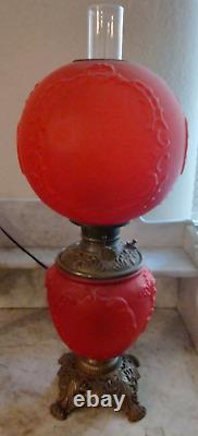 Antique Red Satin Oil Converted to Electric Gone with the Wind Parlor Table Lamp