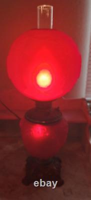 Antique Red Satin Oil Converted to Electric Gone with the Wind Parlor Table Lamp