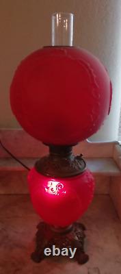 Antique Red Satin Oil Converted to Electric Gone with the Wind Parlor Table Lamp