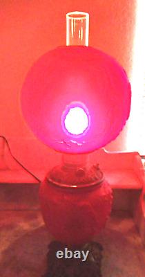 Antique Red Satin Oil Converted to Electric Gone with the Wind Parlor Table Lamp