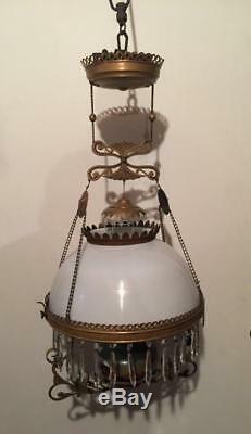 Antique Retractable 1880's Victorian Climax Hanging Oil Library Parlor Lamp