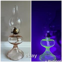 Antique Rose Pink Manganese Glass Oil Lamp WithFloral Etched Glass Chimney 17.5