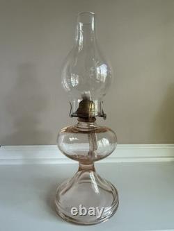 Antique Rose Pink Manganese Glass Oil Lamp WithFloral Etched Glass Chimney 17.5