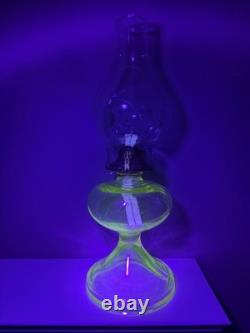 Antique Rose Pink Manganese Glass Oil Lamp WithFloral Etched Glass Chimney 17.5