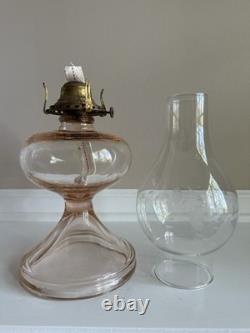 Antique Rose Pink Manganese Glass Oil Lamp WithFloral Etched Glass Chimney 17.5