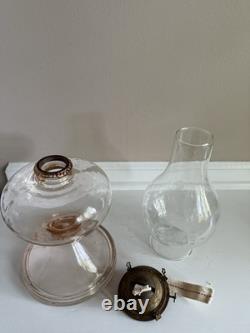 Antique Rose Pink Manganese Glass Oil Lamp WithFloral Etched Glass Chimney 17.5