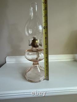 Antique Rose Pink Manganese Glass Oil Lamp WithFloral Etched Glass Chimney 17.5