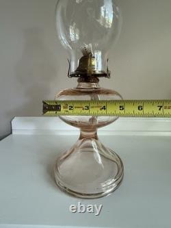 Antique Rose Pink Manganese Glass Oil Lamp WithFloral Etched Glass Chimney 17.5