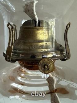 Antique Rose Pink Manganese Glass Oil Lamp WithFloral Etched Glass Chimney 17.5
