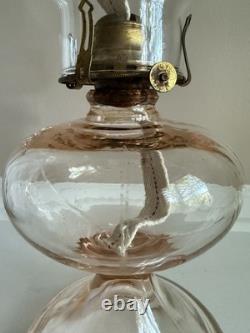 Antique Rose Pink Manganese Glass Oil Lamp WithFloral Etched Glass Chimney 17.5