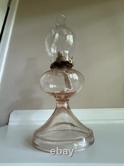 Antique Rose Pink Manganese Glass Oil Lamp WithFloral Etched Glass Chimney 17.5