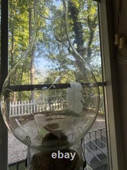 Antique Rose Pink Manganese Glass Oil Lamp WithFloral Etched Glass Chimney 17.5