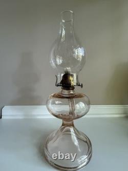 Antique Rose Pink Manganese Glass Oil Lamp WithFloral Etched Glass Chimney 17.5