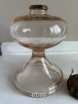 Antique Rose Pink Manganese Glass Oil Lamp WithFloral Etched Glass Chimney 17.5
