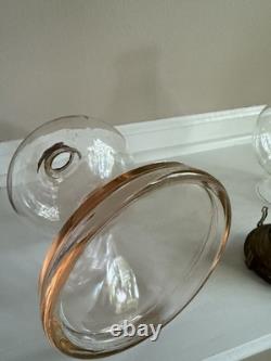 Antique Rose Pink Manganese Glass Oil Lamp WithFloral Etched Glass Chimney 17.5