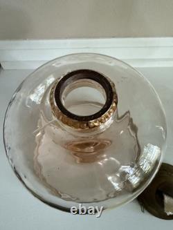 Antique Rose Pink Manganese Glass Oil Lamp WithFloral Etched Glass Chimney 17.5