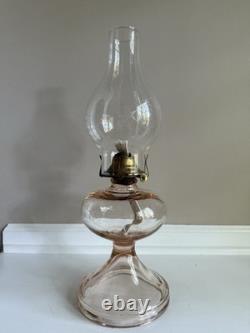 Antique Rose Pink Manganese Glass Oil Lamp WithFloral Etched Glass Chimney 17.5
