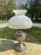 Antique Royal 1890's Silver Brass Center Draft Oil Lamp Milk Glass Shade USA Vtg