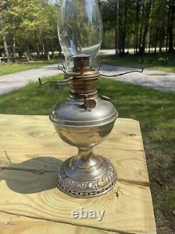 Antique Royal 1890's Silver Brass Center Draft Oil Lamp Milk Glass Shade USA Vtg